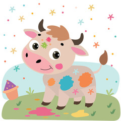 Cute baby cow cartoon with colorful paint splashes