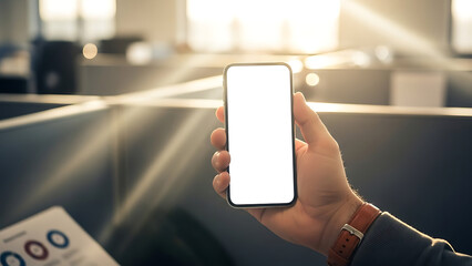 Hand holding a smartphone with a blank screen in a modern office cubicle
