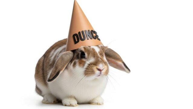 rabbit wearing a dunce cap hat, dim, dumb, stupid, on a white background, animal photo