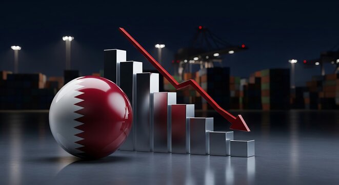 Qatar economy decline graph with red arrow and flag - Powered by Adobe