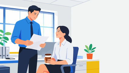 Office workers discussing document