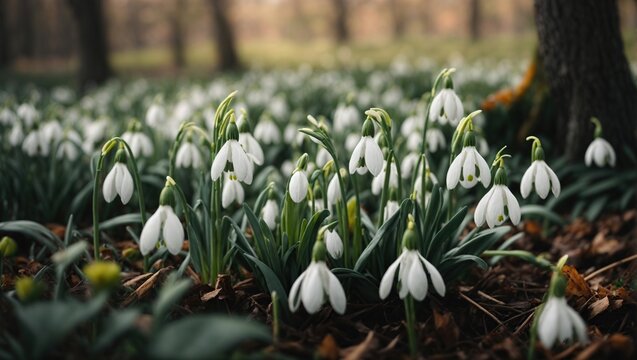 Snowdrop flowers blooming in forest floor with fallen leaves, natural woodland spring scene, soft focus background with trees