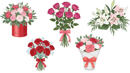 Luxury flower bouquet collection with red roses pink blossoms and white lilies in boxes and vases vector illustration.