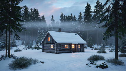 A rustic wooden cabin glowing warmly amidst a tranquil, snow-covered forest at twilight