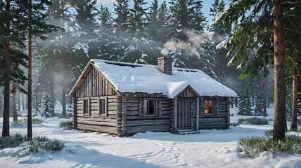 A cozy wooden cabin covered in snow in a dense pine forest with smoke coming from the chimney on a winter day