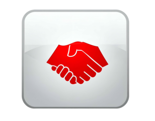 A glossy, rounded white button featuring a bold red handshake icon