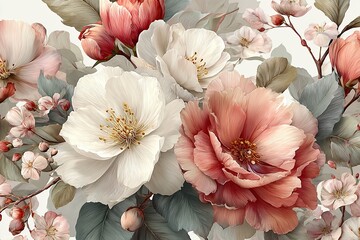 Elegant, chic clean white floral seamless pattern with hint of blush pink undertones, soft detailed petals, gentle botanical texture