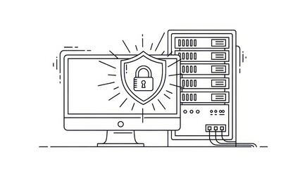 Computer security concept, shield with lock icon protecting computer and server, cybersecurity illustration