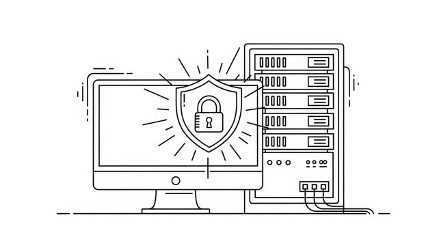 Computer security concept, shield with lock icon protecting computer and server, cybersecurity illustration - Powered by Adobe