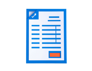 Blue digital document with line items, a total, and a share icon