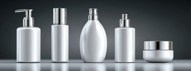 Luxury Skincare Bottles Set with Pump and Dropper on Dark Background
