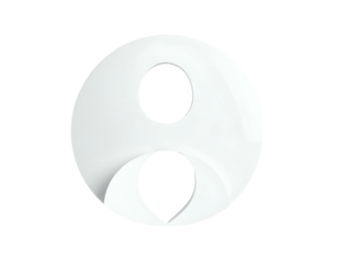 A glossy white circle with a round and a teardrop-shaped cutout