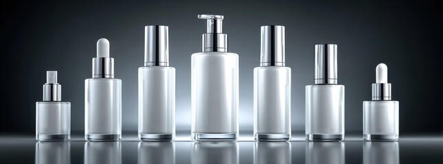 Luxury Skincare Bottles Set with Pump and Dropper on Dark Background