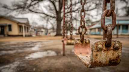 Rusty swing set hanging from a chain in an empty playground with bare trees and old buildings in a desolate urban area on a cloudy day.