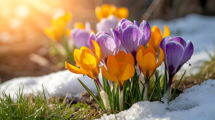 Vibrant purple and violet spring crocus flowers blossom through the snow in a macro closeup capturing the colorful beauty of these early garden crocuses in nature