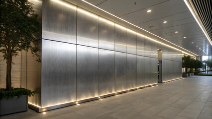 Modern architectural hallway featuring textured metallic walls with warm led lighting