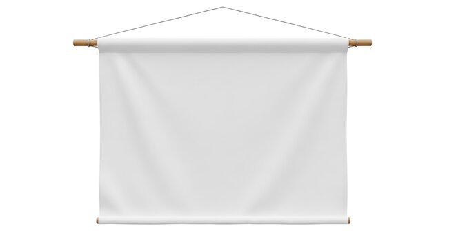 Blank white scroll mockup hanging on wooden dowel isolated on white background, perfect for showcasing artwork or advertising messages