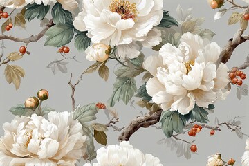 Elegant, chic chinoiserie vintage pattern light grey background white peony flowers beige details