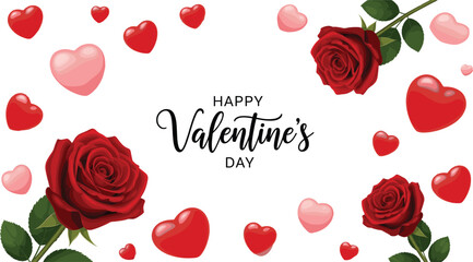 Horizontal Valentine's Day greeting card with realistic red roses and pink hearts isolated on white background vector illustration.