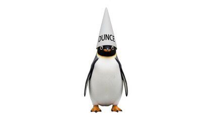 penguin wearing a dunce cap hat, dim, dumb, stupid, on a white background, animal photo