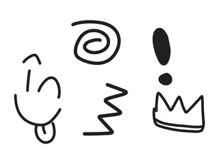 Hand drawn black ink doodle collection featuring crown smiley face question mark exclamation point and abstract spirals