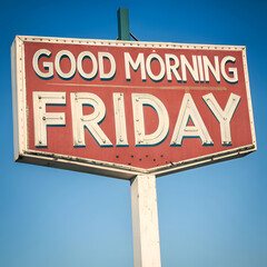 Obraz premium Good Morning Friday Vintage Marquee Sign on Pole Under Clear Blue Sky