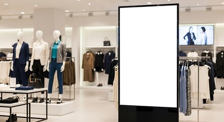 Blank advertising screen in a clothing store, providing a space for promotional content and attracting customers with its bright white display