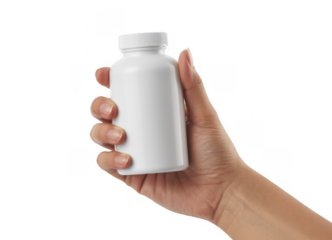 Hand holding a white pill bottle medication healthcare isolated on a transparent background