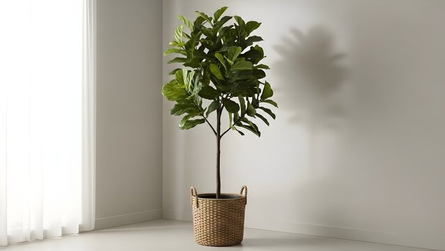Large Realistic Fiddle Leaf Fig Plant in Basket against Wall