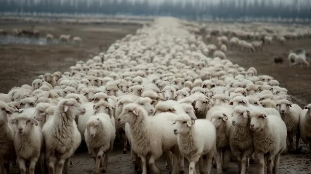 Medium shot of synchronized sheep herding with coordinated breeding efforts enhancing yield and farm efficiency