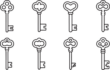 Eight distinct antique keys with intricate bow in black and white line key vintage keys