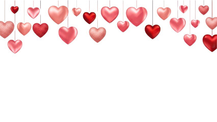 Romantic array of hanging pink and red hearts creating a festive border for celebration isolated on transparent background, isolated on white background