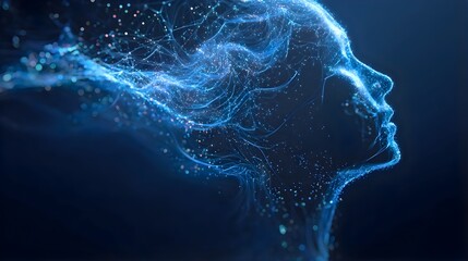 Abstract human profile of glowing blue particles representing digital data and ai consciousness