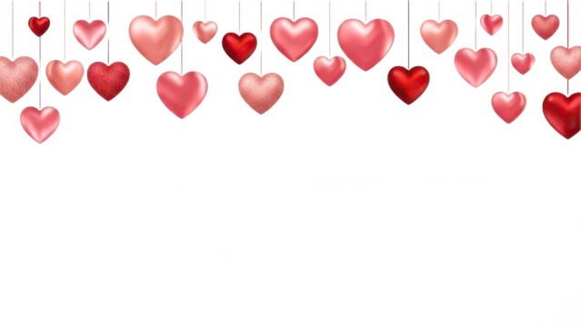 Romantic array of hanging pink and red hearts creating a festive border for celebration isolated on transparent background, isolated on white background - Powered by Adobe