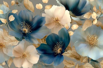 Rustic and chic watercolor botanical seamless repeatable pattern for wedding invitations with blue flowers