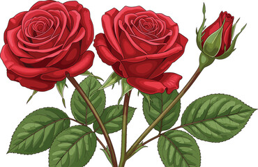 Elegant floral arrangement with two blooming red roses and a small rosebud on green leafy stems isolated on white background.