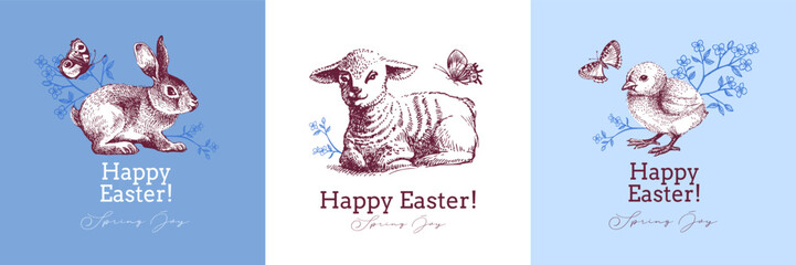 Vintage Happy Easter hand drawn banner set. Spring greeting card and elegant invitation design. Retro sketch vector illustration. Stickers collage elements © pim