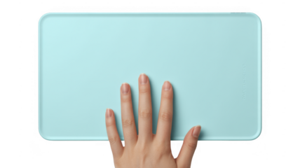 Hand on light blue cutting board fingers kitchen isolated on a transparent background