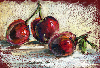 A sketch of cherry berries. Oil pastels.