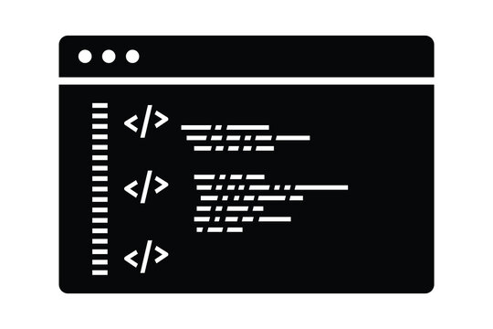 A black and white icon showing a code editor window with programming elements