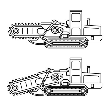 Trencher machine icon in thin line - for fiber optic cable installation