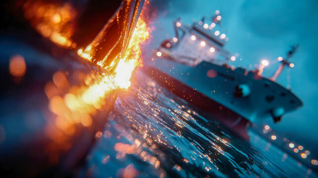 Dramatic fire and water collision on the ocean surface with a burning ship in the background, symbolizing disaster, energy contrast, and maritime danger
