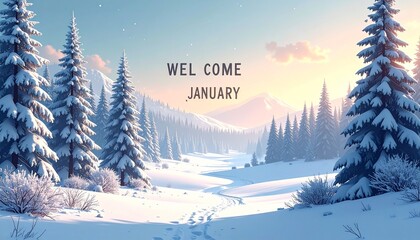 Serene winter landscape with snow-covered trees and mountains at sunrise