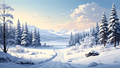 Serene winter landscape with snow-covered trees and mountains