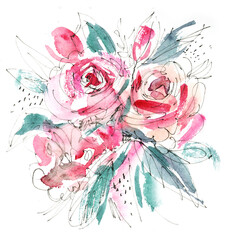 Abstract pink flowers.  Watercolor and ink drawing.  Hand-drawn illustration.