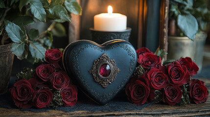Gothic heart-shaped jewelry box with deep red roses and a lit candle
