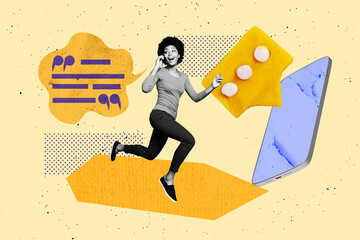 Naklejka premium Composite sketch design 3D photo collage of young lady run smile positive call huge smartphone touchscreen box speech cloud comic chat