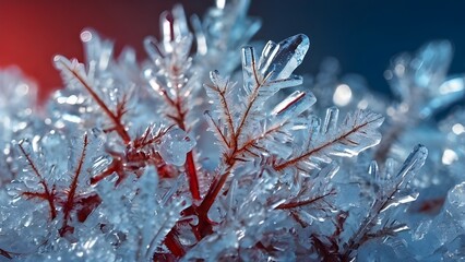Delicate ice crystals resting on a soft winter surface, cool white and blue tones, gentle glowing light reflections, dreamy macro perspective, calm and elegant seasonal atmosphere red colour