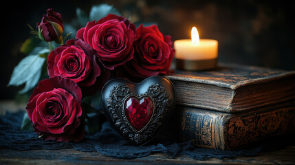 Dark romance still life with red roses, antique books, and a heart-shaped locket