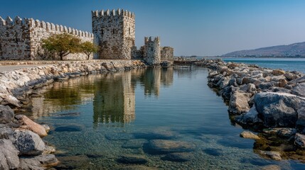 Serene Reflection of an Ancient Fortress by the Water's Edge with Clear Blue Sky and Calm Waters, Captured in a Peaceful Landscape